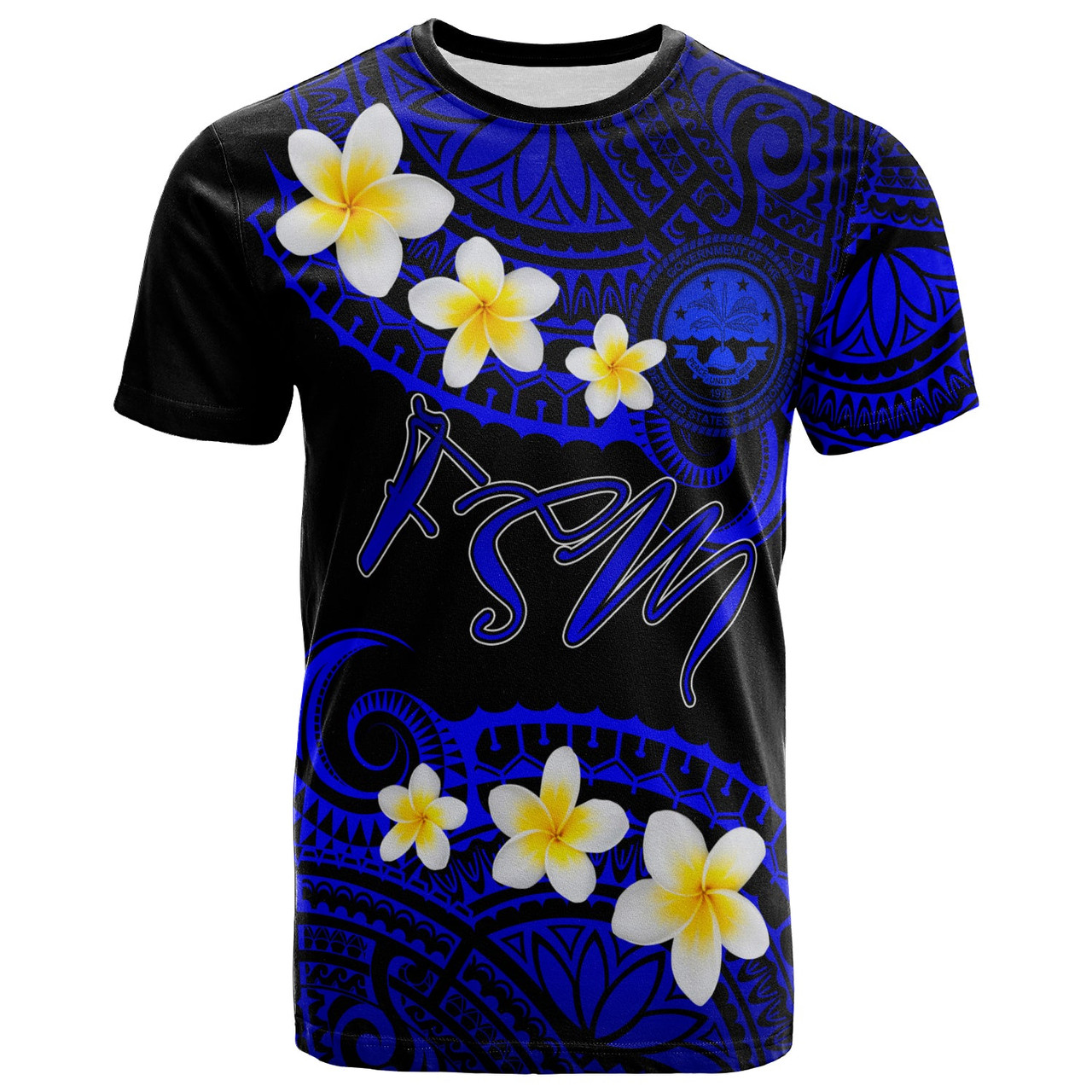 Federated States of Micronesia Custom Personalised T-Shirt - Plumeria Polynesian Vibe Blue 1