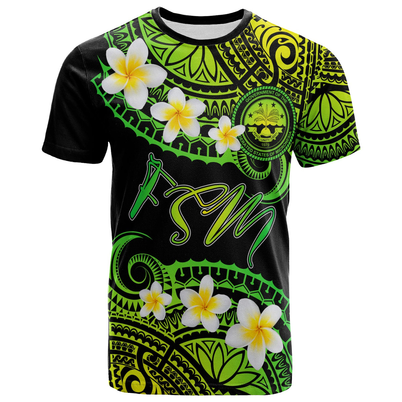 Federated States of Micronesia Custom Personalised T-Shirt - Plumeria Polynesian Vibe Green 1