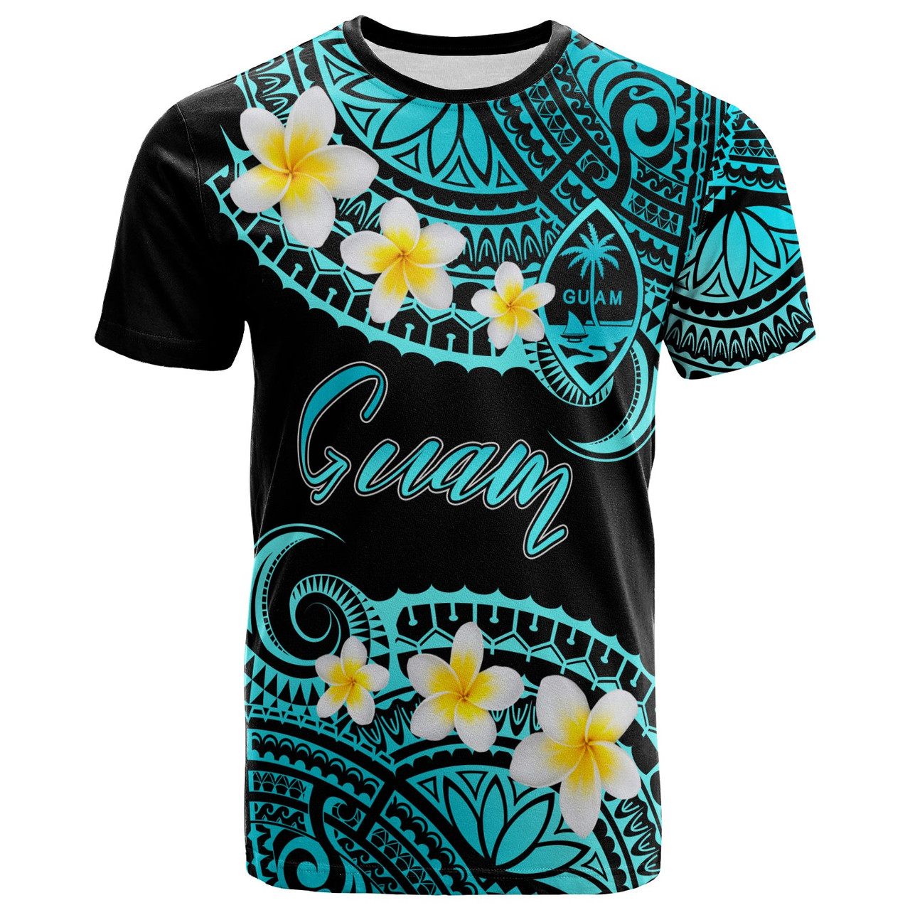Guam Custom Personalised T-Shirt - Plumeria Polynesian Vibe Turquoise 1
