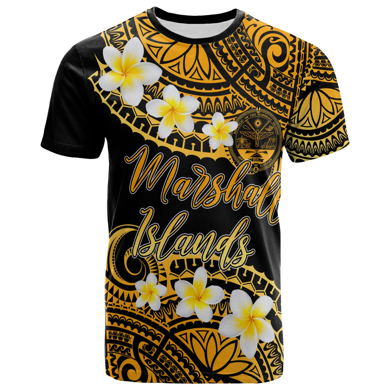 Marshall Islands Crest Custom Personalised T-Shirt - Plumeria Polynesian Vibe Gold 1