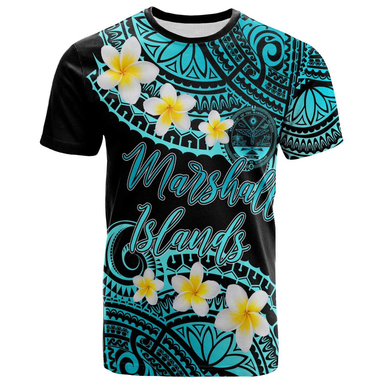 Marshall Islands Crest Custom Personalised T-Shirt - Plumeria Polynesian Vibe Turquoise 1