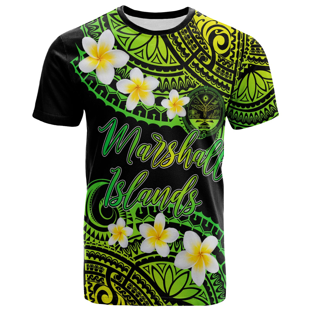 Marshall Islands Crest Custom Personalised T-Shirt - Plumeria Polynesian Vibe Green 1