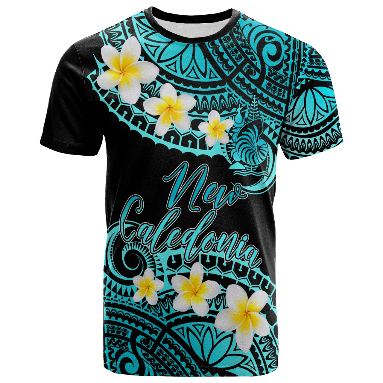 New Caledonia Custom Personalised T-Shirt - Plumeria Polynesian Vibe Turquoise 1