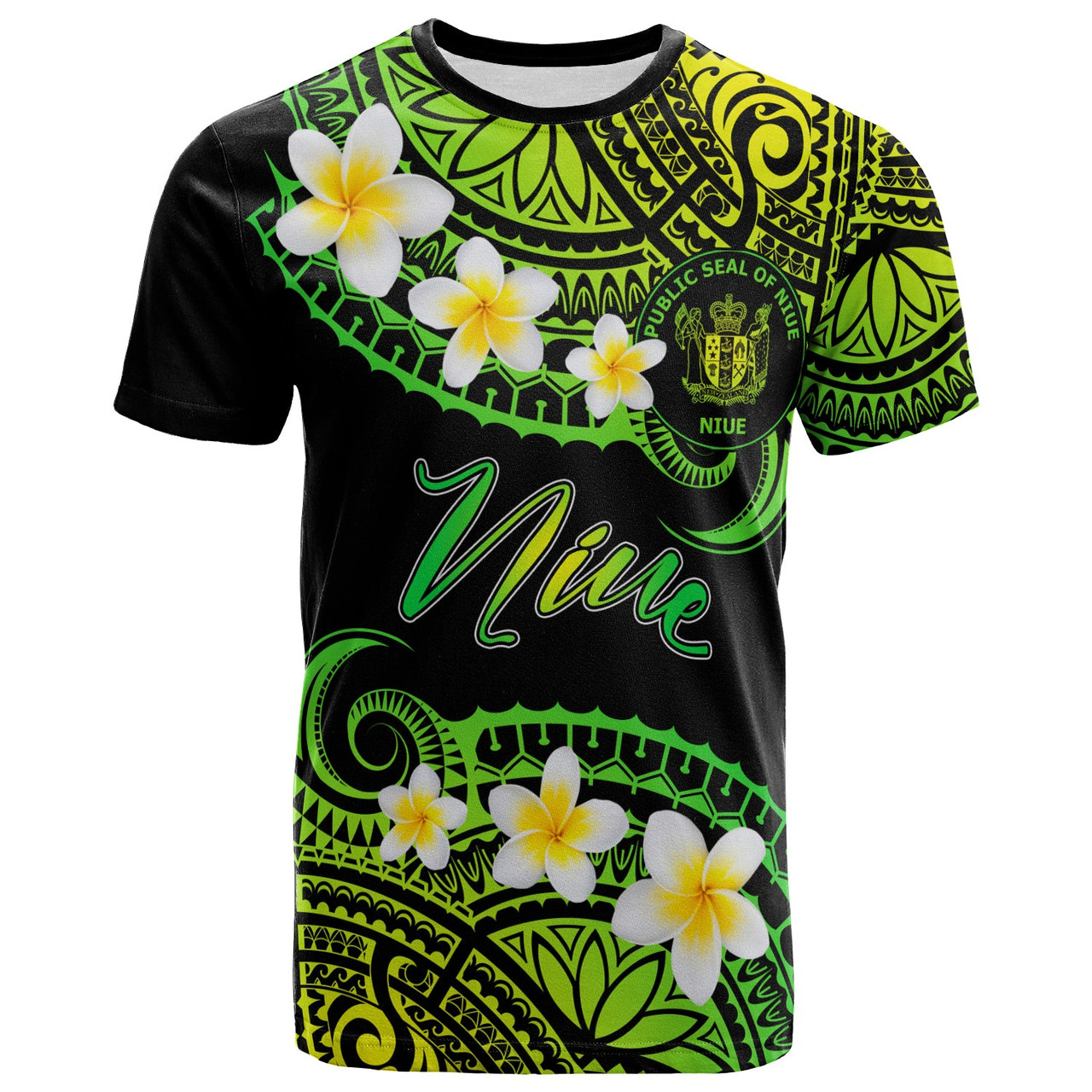 Niue Custom Personalised T-Shirt - Plumeria Polynesian Vibe Green 1