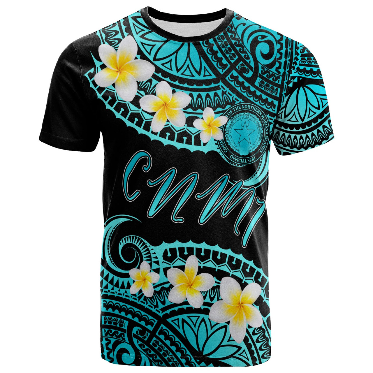 Northern Mariana Islands Custom Personalised T-Shirt - Plumeria Polynesian Vibe Turquoise 1