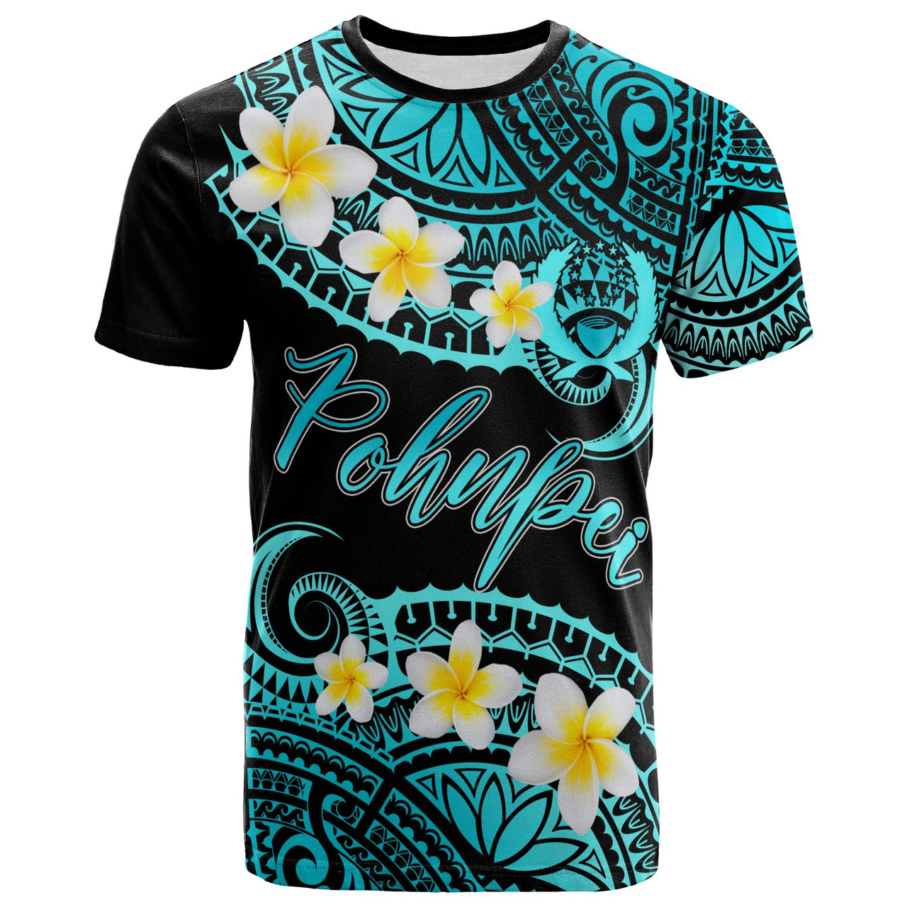Pohnpei Custom Personalised T-Shirt - Plumeria Polynesian Vibe Turquoise 1