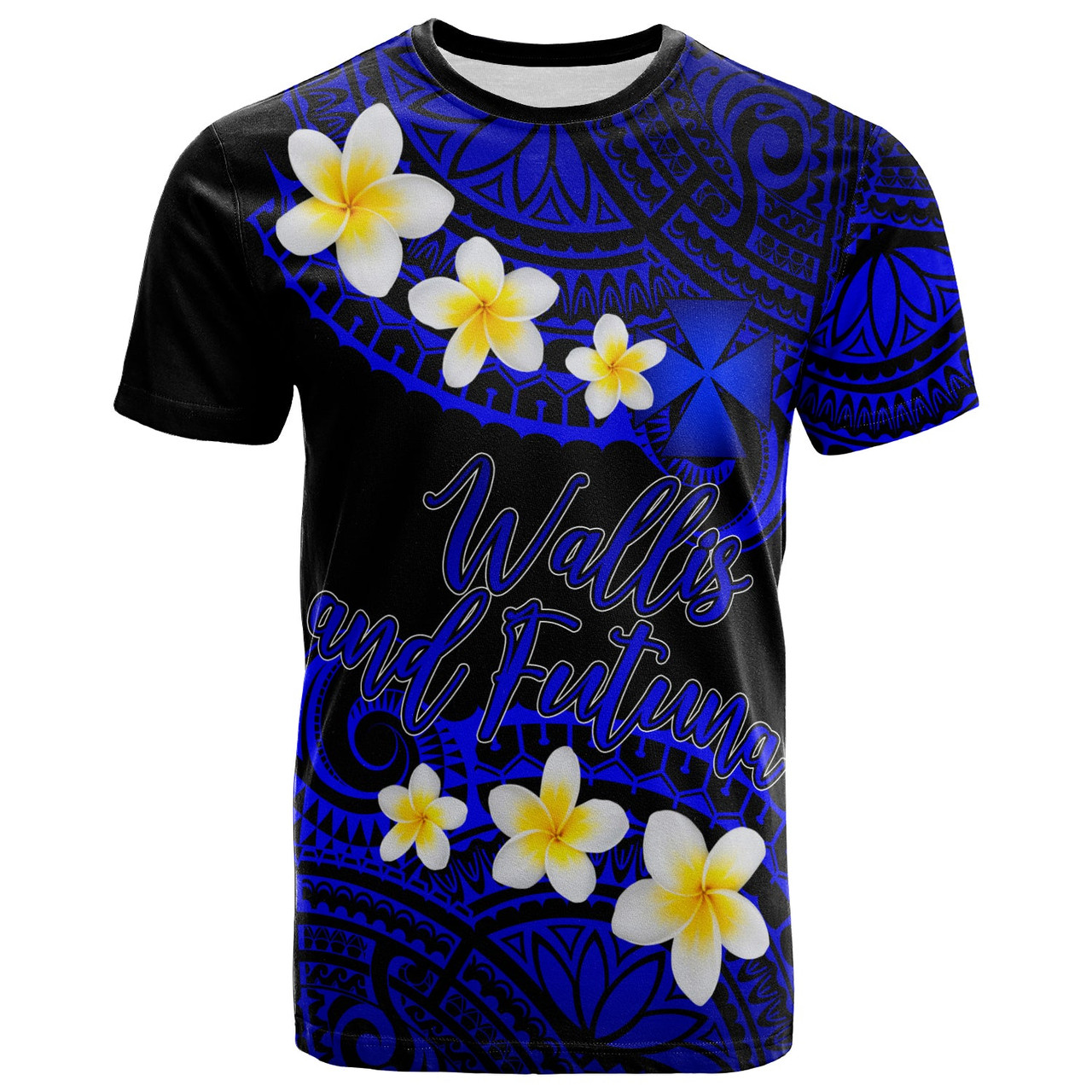 Wallis and Futuna Custom Personalised T-Shirt - Plumeria Polynesian Vibe Blue 1