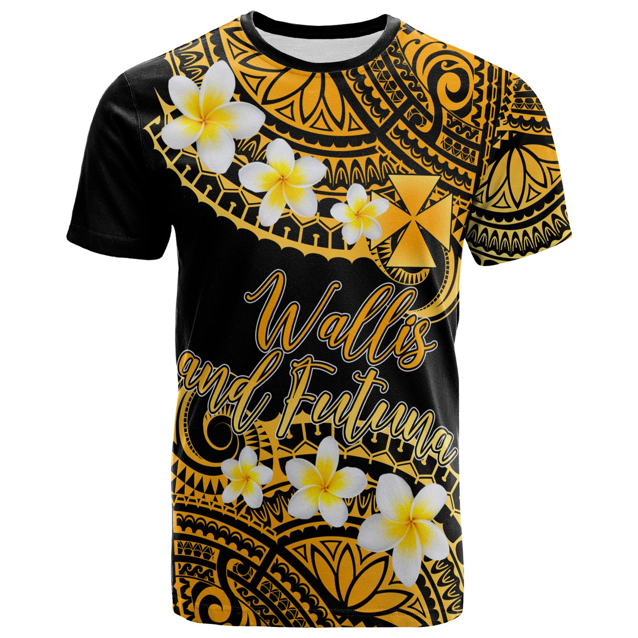 Wallis and Futuna Custom Personalised T-Shirt - Plumeria Polynesian Vibe Gold 1