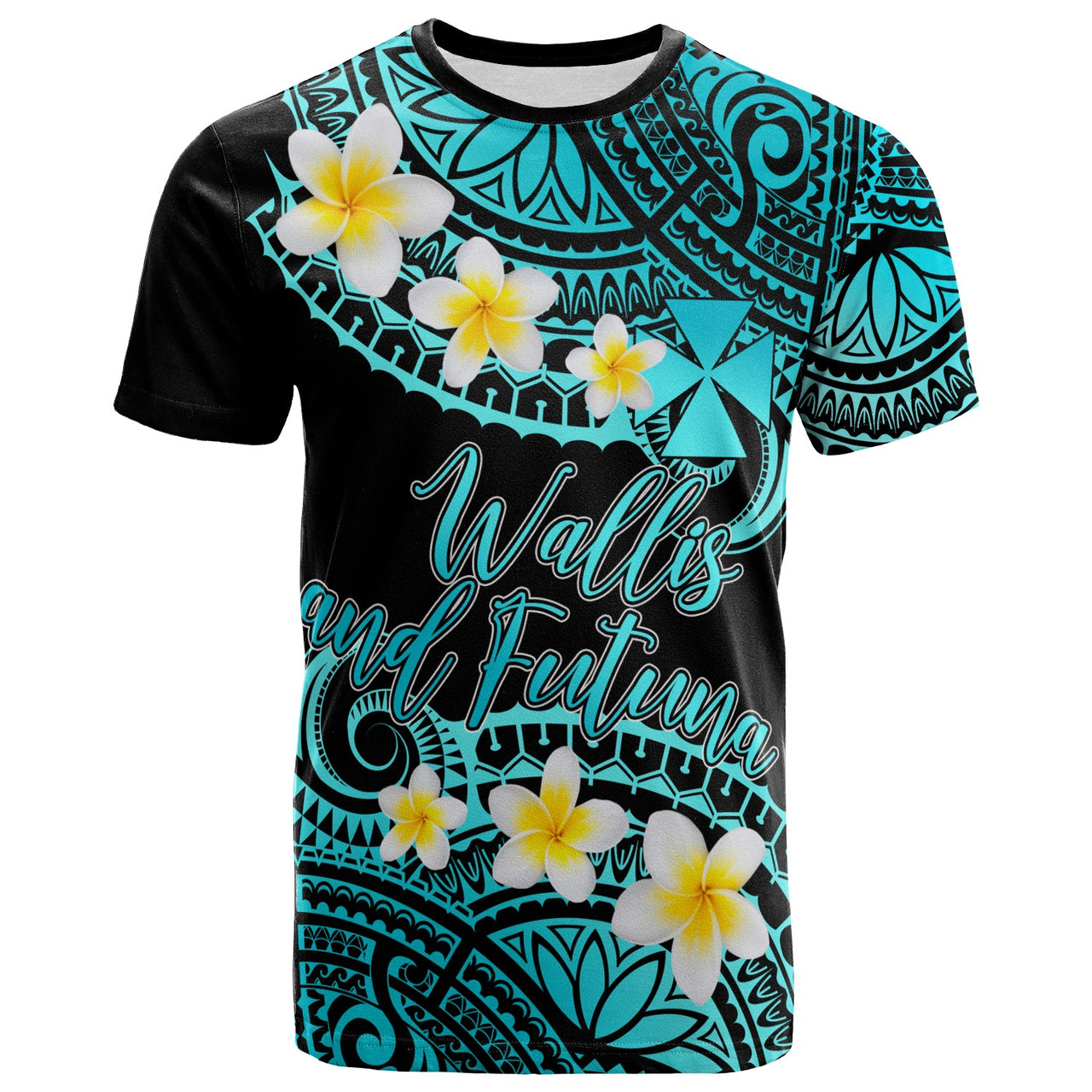 Wallis and Futuna Custom Personalised T-Shirt - Plumeria Polynesian Vibe Turquoise 1