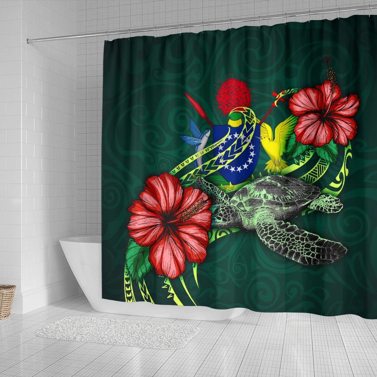 Cook Islands Polynesian Shower Curtain - Green Turtle Hibiscus 2