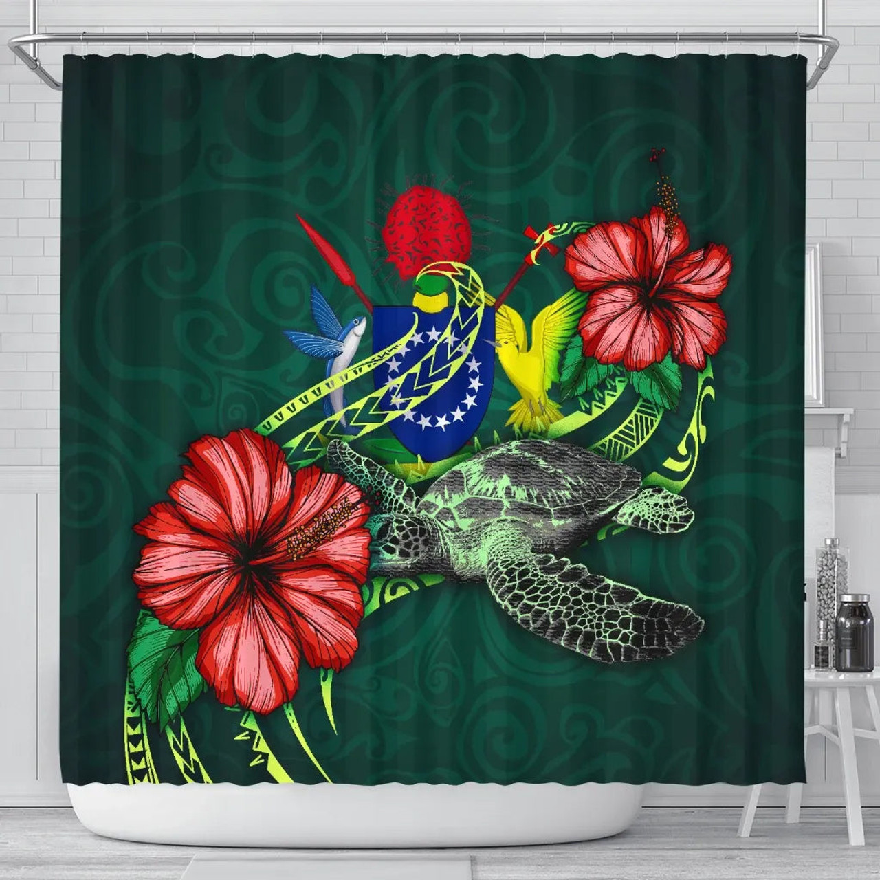 Cook Islands Polynesian Shower Curtain - Green Turtle Hibiscus 1