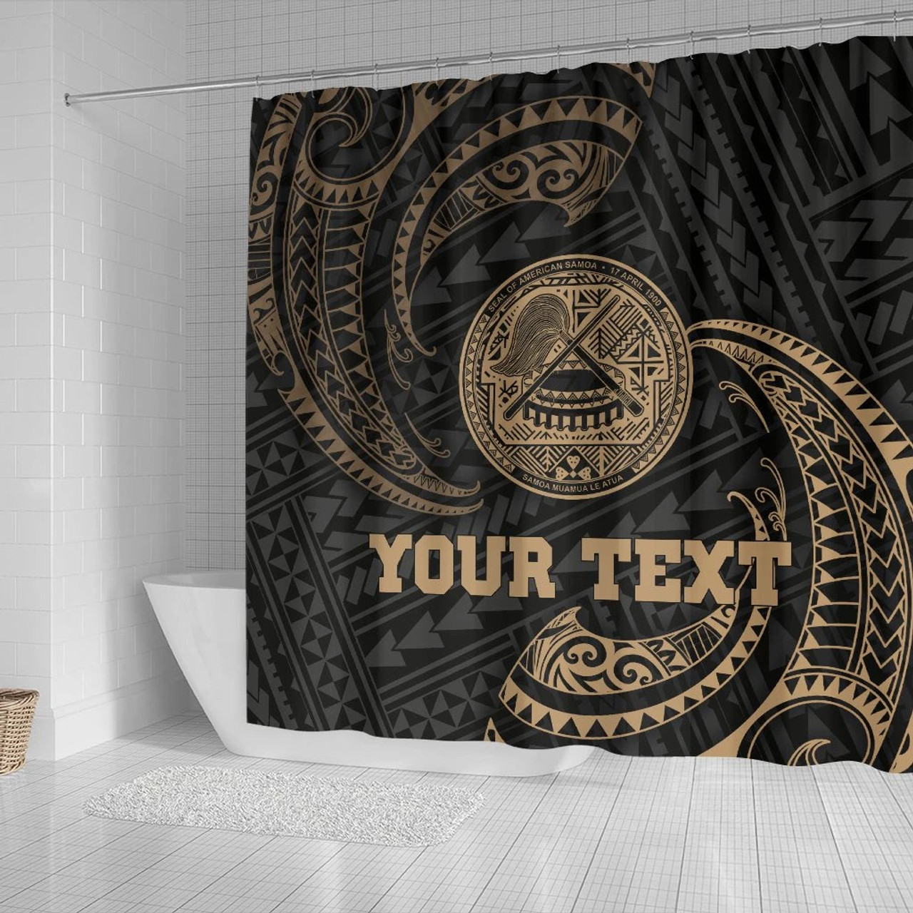 American Samoa Polynesian Custom Personalised Shower Curtain - Gold Tribal Wave 2