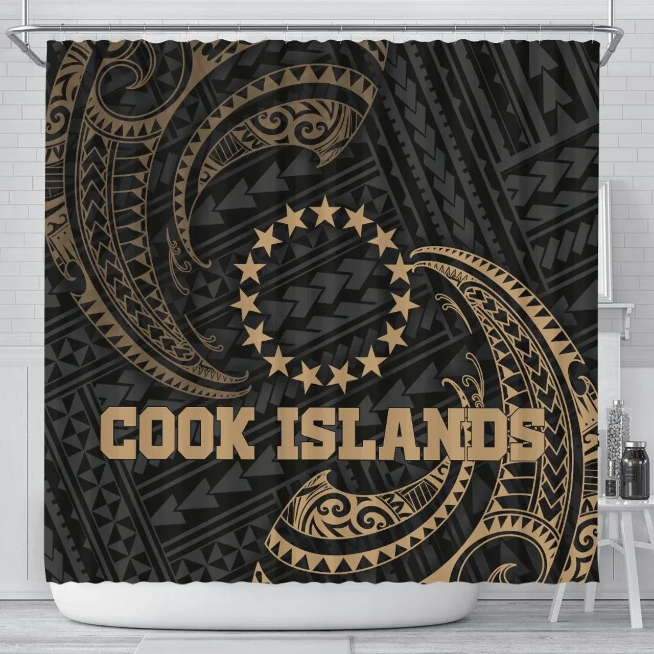 Cook Islands Polynesian Shower Curtain - Gold Tribal Wave 1