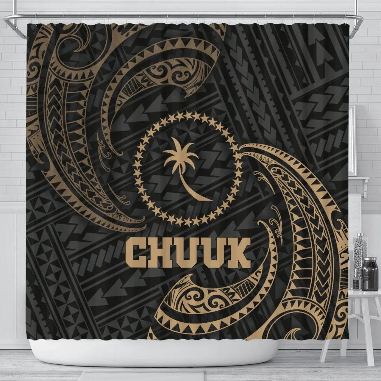 Chuuk Micronesia Shower Curtain - Gold Tribal Wave 1