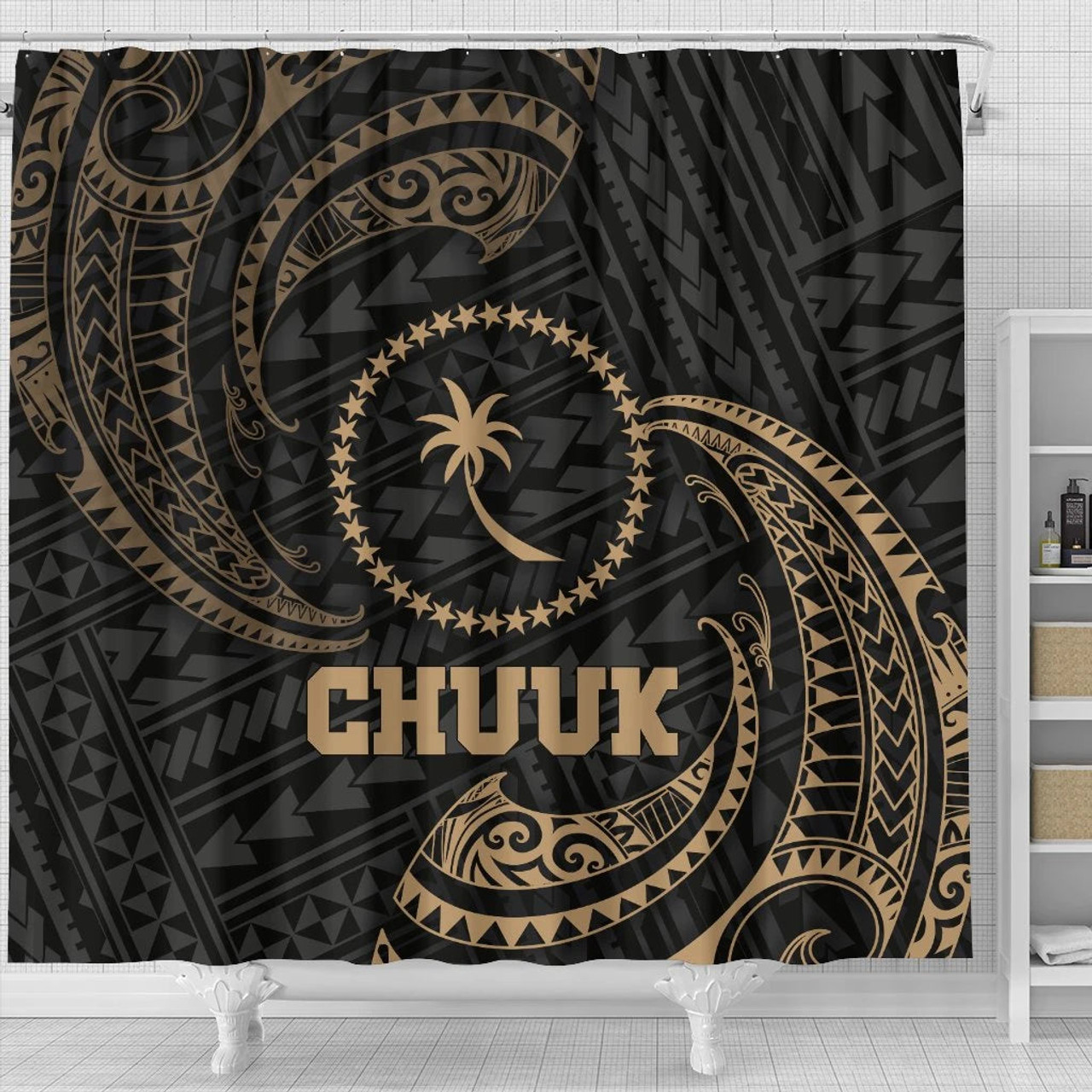 Chuuk Micronesia Shower Curtain - Gold Tribal Wave 4