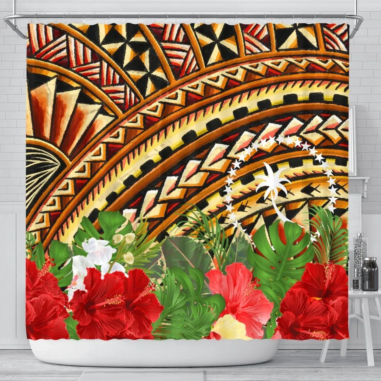 Chuuk Shower Curtain - Vintage Pattern With Hibiscus Flower 1