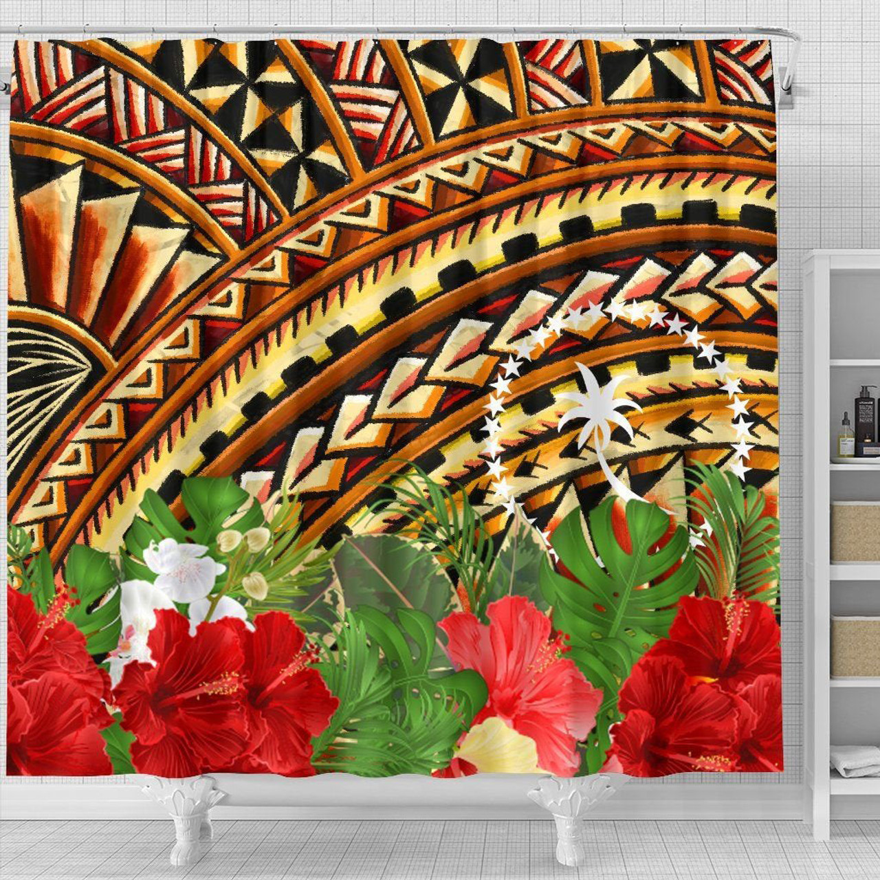 Chuuk Shower Curtain - Vintage Pattern With Hibiscus Flower 4