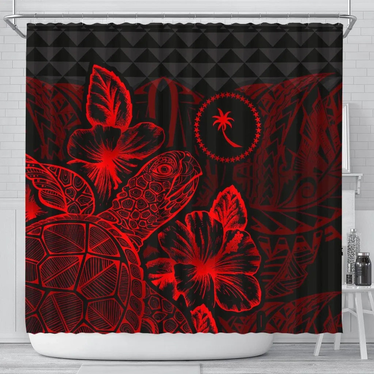 Chuuk Shower Curtain Turtle Hibiscus Red 1