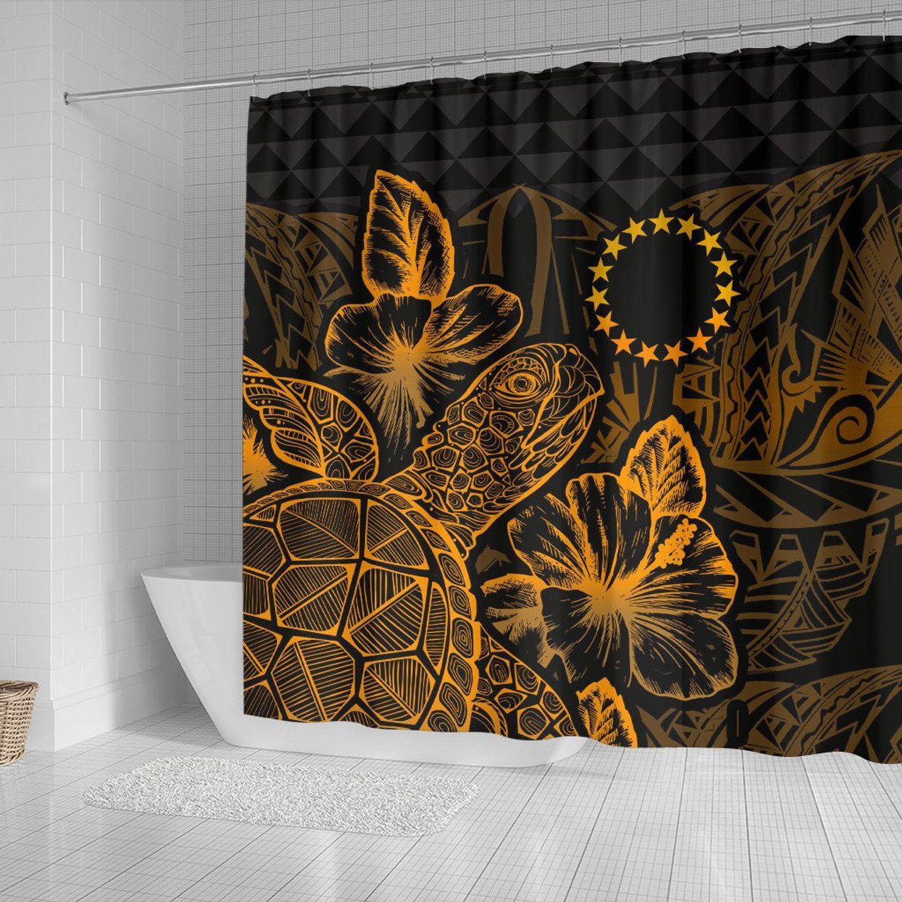 Cook Islands Shower Curtain Turtle Hibiscus Gold 2