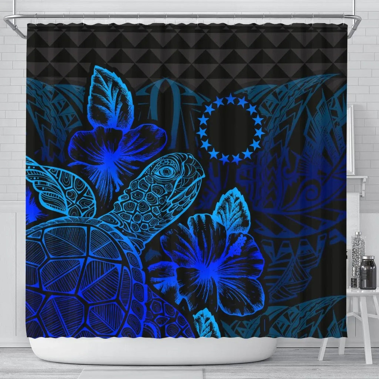 Cook Islands Shower Curtain Turtle Hibiscus Blue 1