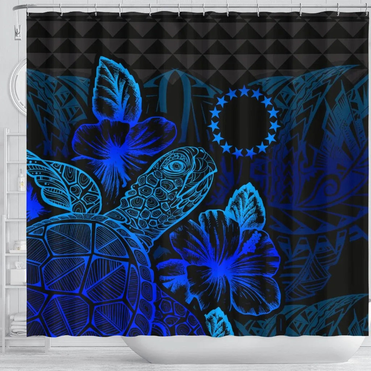 Cook Islands Shower Curtain Turtle Hibiscus Blue 3