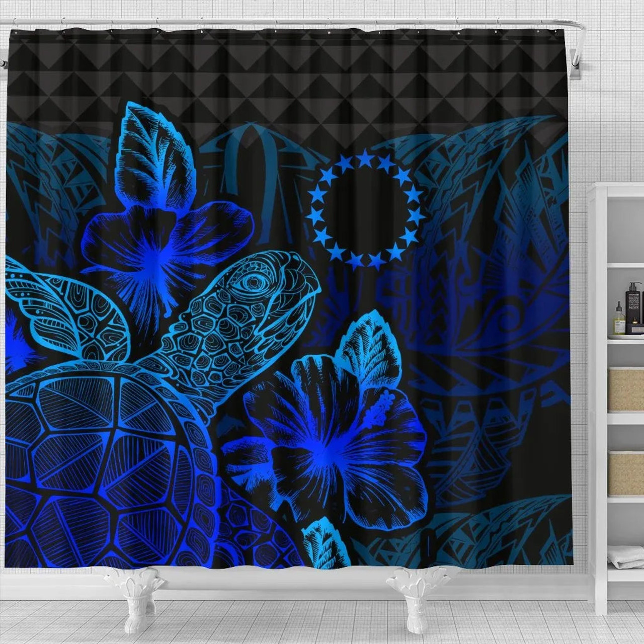 Cook Islands Shower Curtain Turtle Hibiscus Blue 4