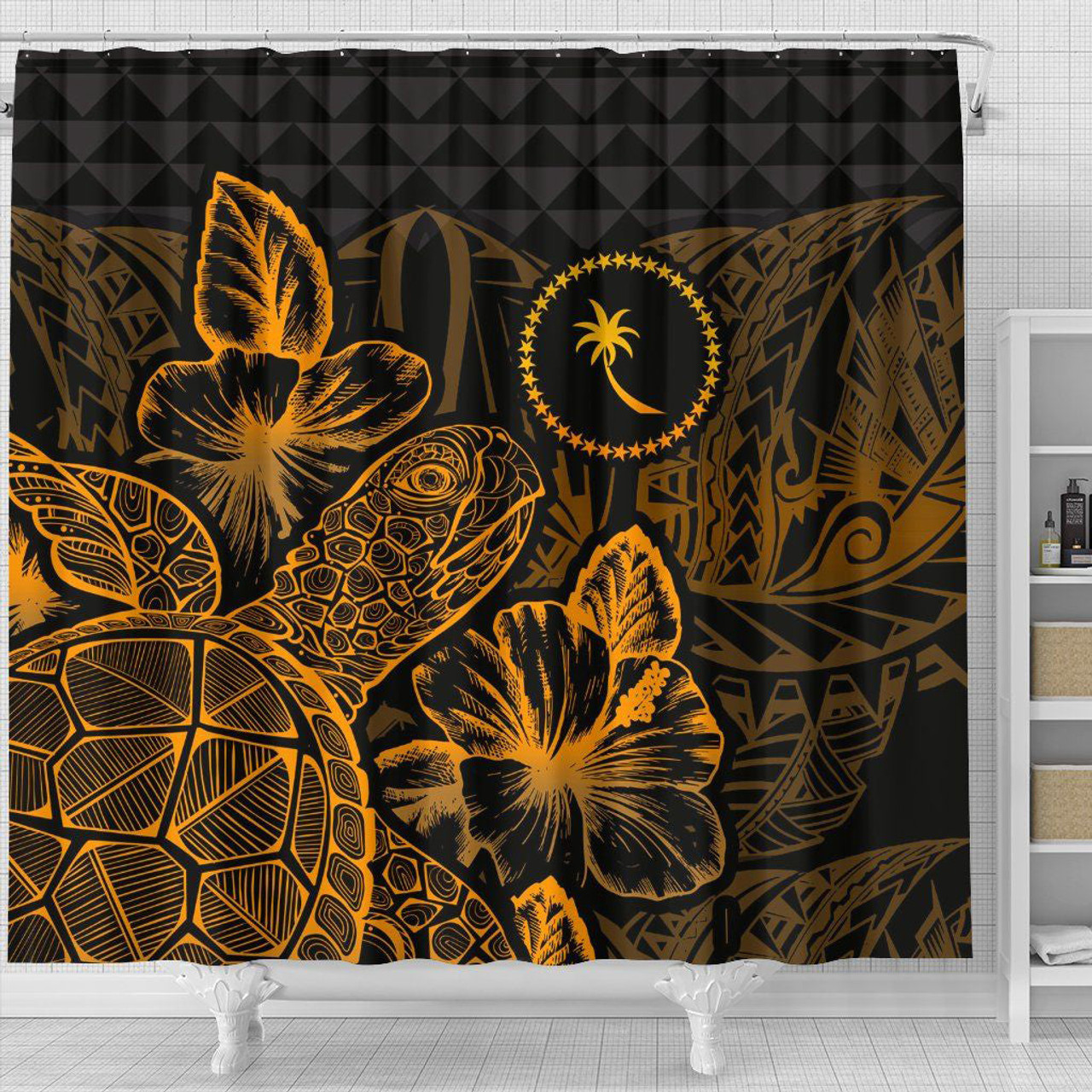 Chuuk Shower Curtain Turtle Hibiscus Gold 4