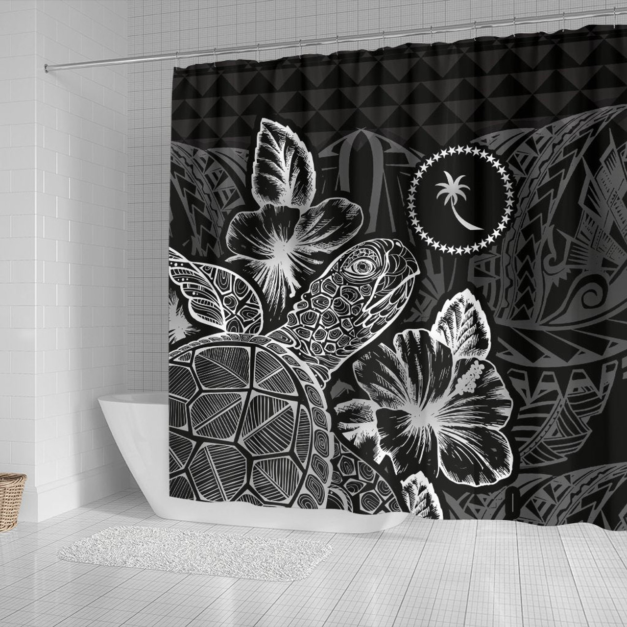 Chuuk Shower Curtain Turtle Hibiscus Black 2