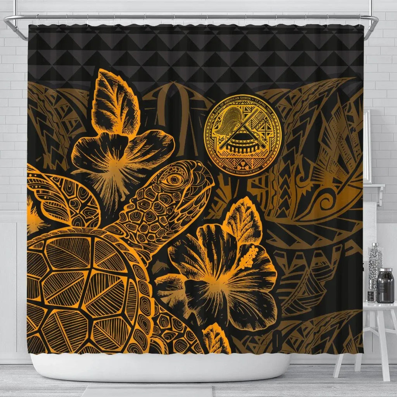 American Samoa Shower Curtain Turtle Hibiscus Gold 1
