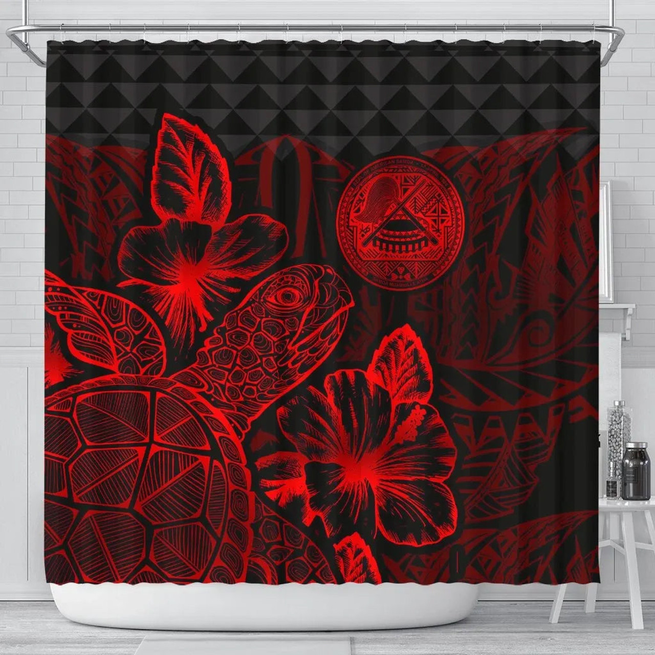 American Samoa Shower Curtain Turtle Hibiscus Red 1