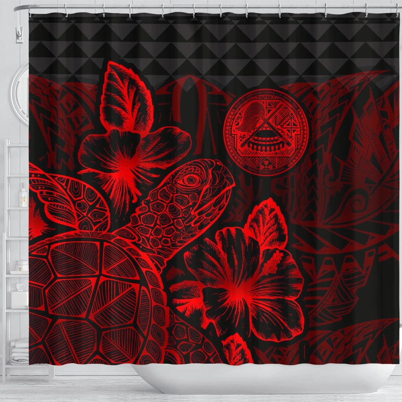 American Samoa Shower Curtain Turtle Hibiscus Red 3