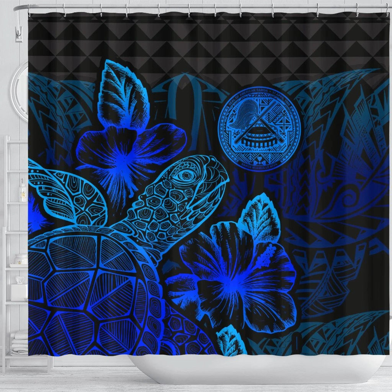 American Samoa Shower Curtain Turtle Hibiscus Blue 3