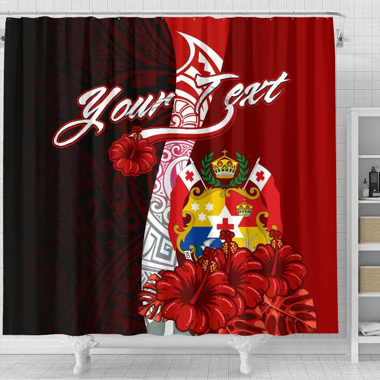 Tonga Polynesian Custom Personalised Shower Curtain - Coat Of Arm With Hibiscus 2
