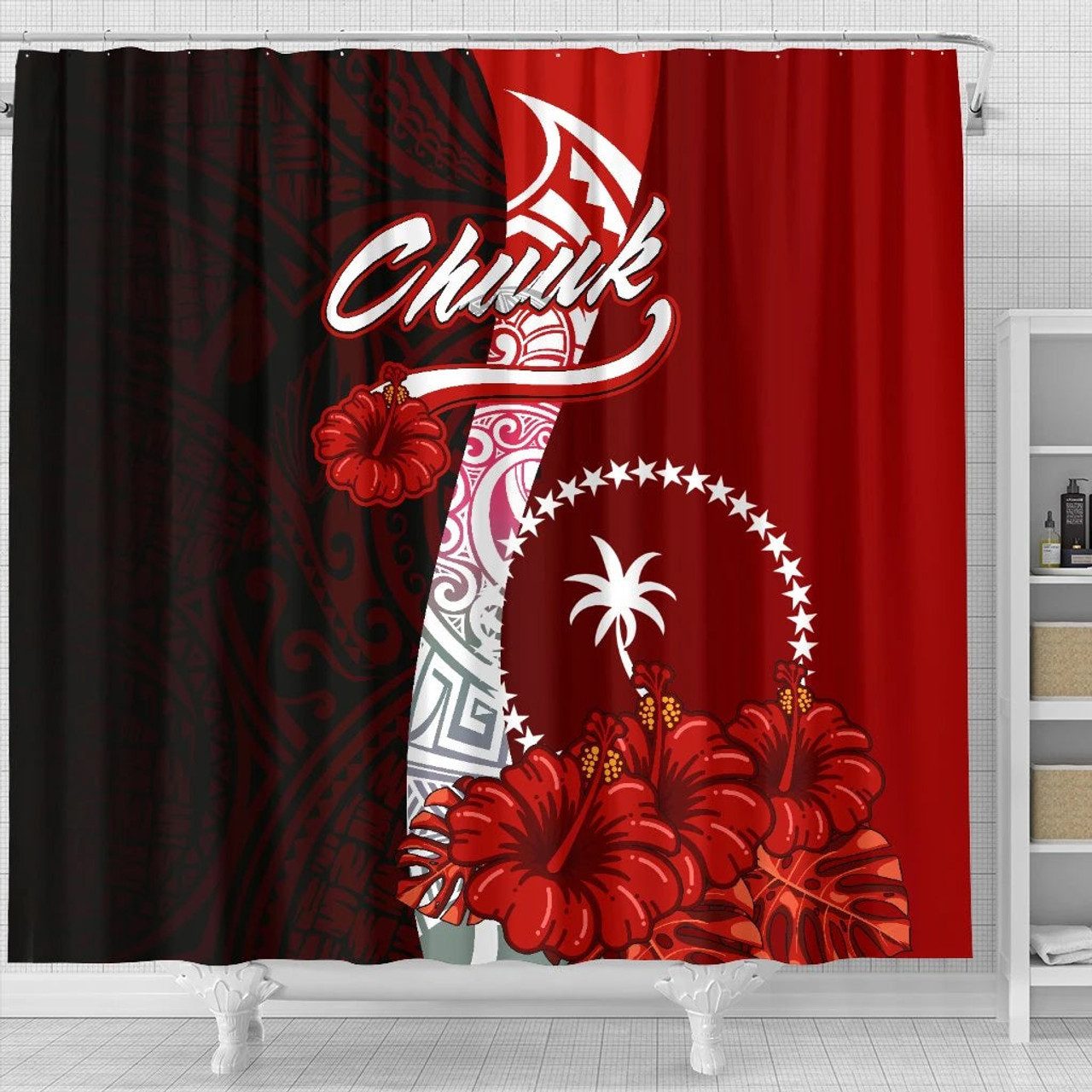 Chuuk Micronesia Shower Curtain - Coat Of Arm With Hibiscus 4