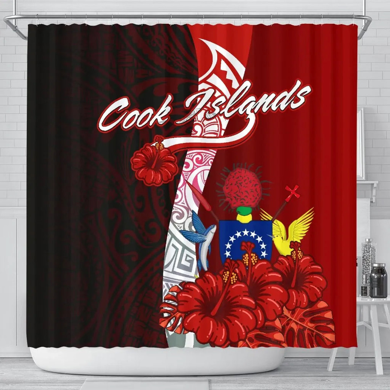 Cook Islands Polynesian Shower Curtain - Coat Of Arm With Hibiscus 1