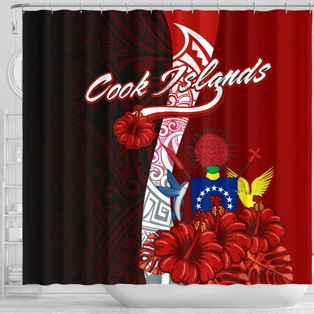 Cook Islands Polynesian Shower Curtain - Coat Of Arm With Hibiscus 3