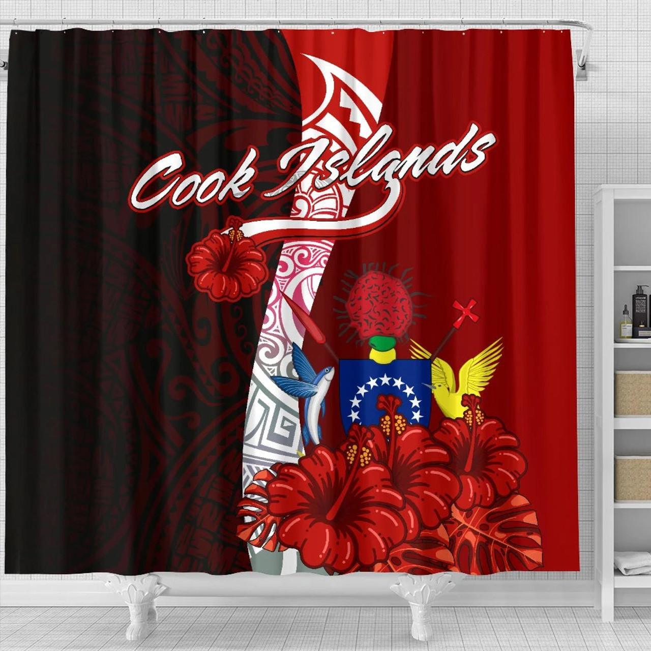 Cook Islands Polynesian Shower Curtain - Coat Of Arm With Hibiscus 4