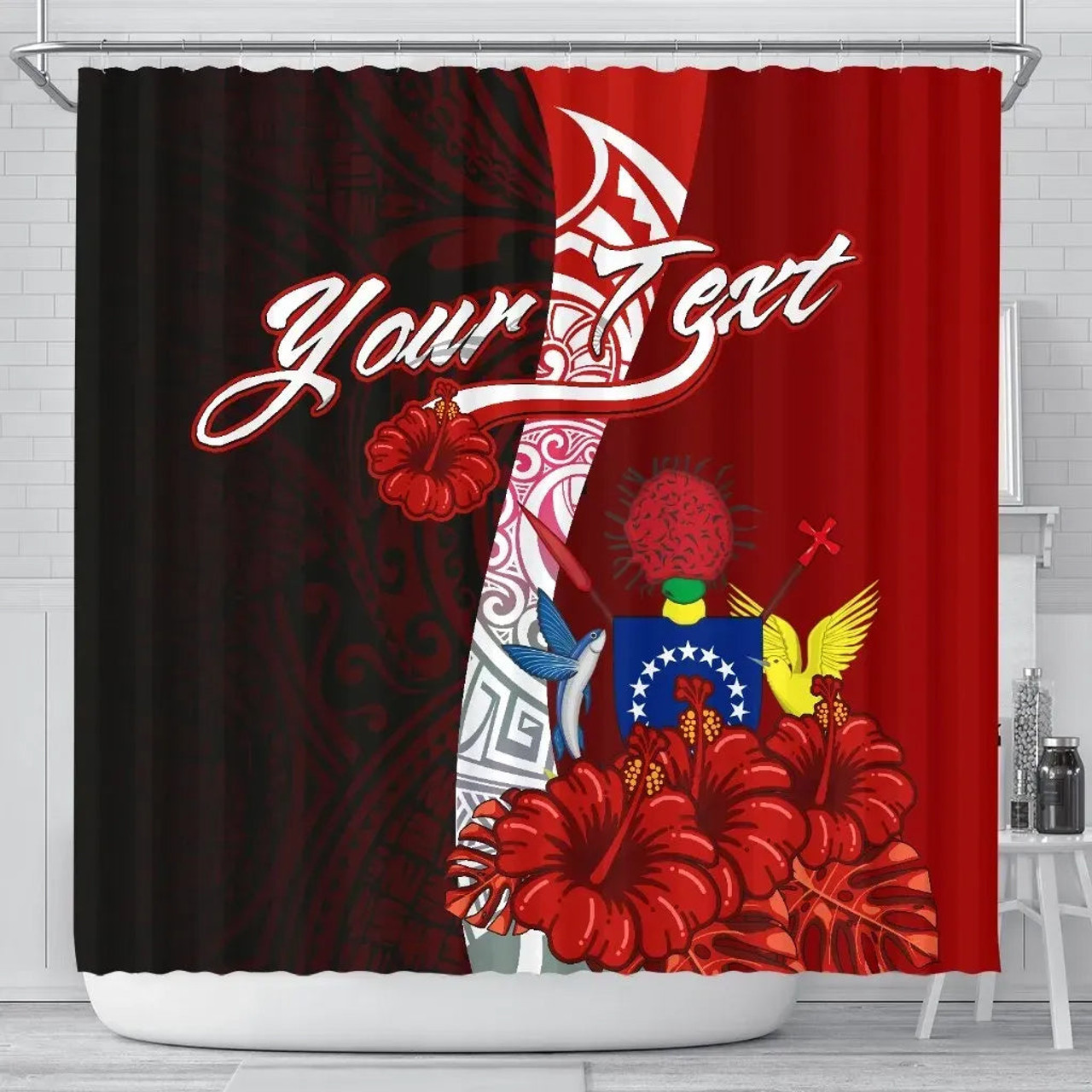 Cook Islands Polynesian Custom Personalised Shower Curtain - Coat Of Arm With Hibiscus 1