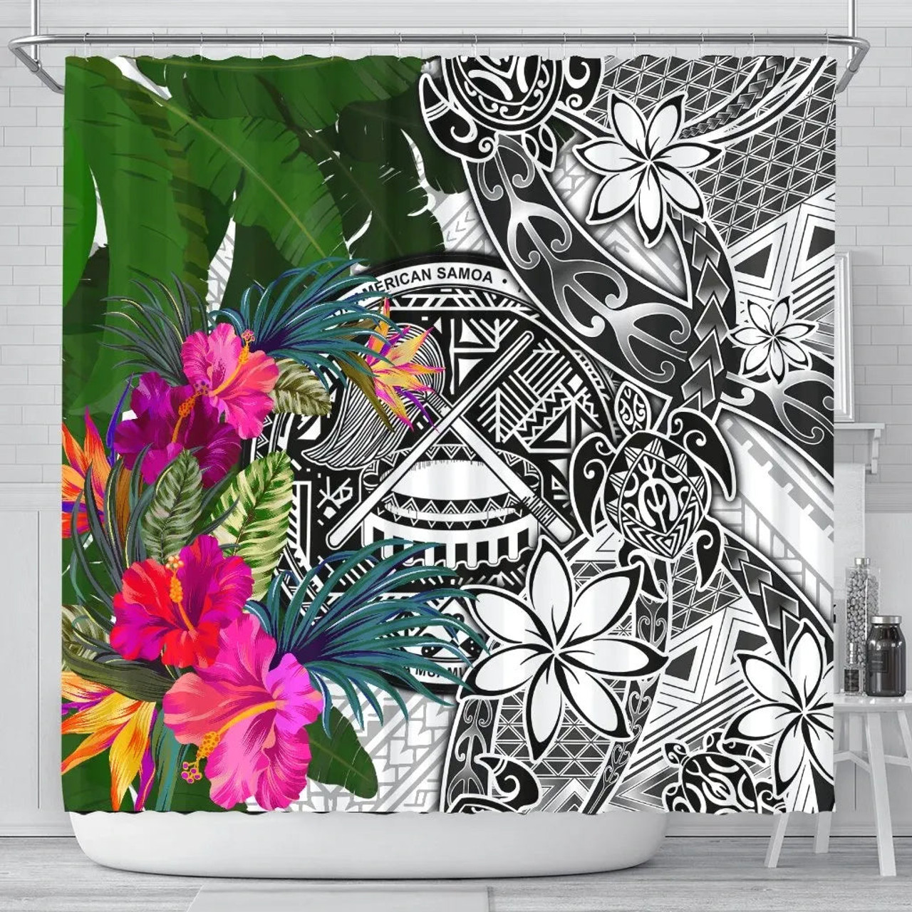 American Samoa Shower Curtain White - Turtle Plumeria Banana Leaf 1