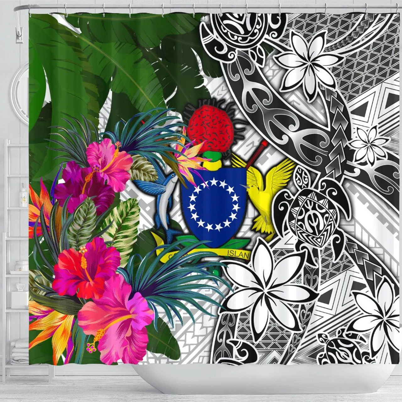 Cook Islands Shower Curtain White - Turtle Plumeria Banana Leaf 3