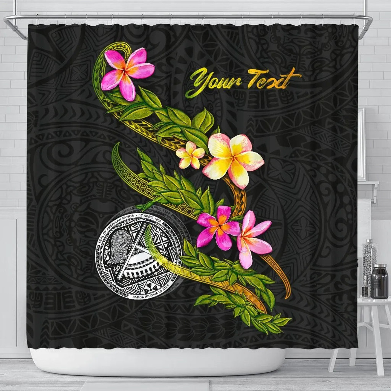 American Samoa Polynesian Custom Personalised Shower Curtain - Plumeria Tribal 1