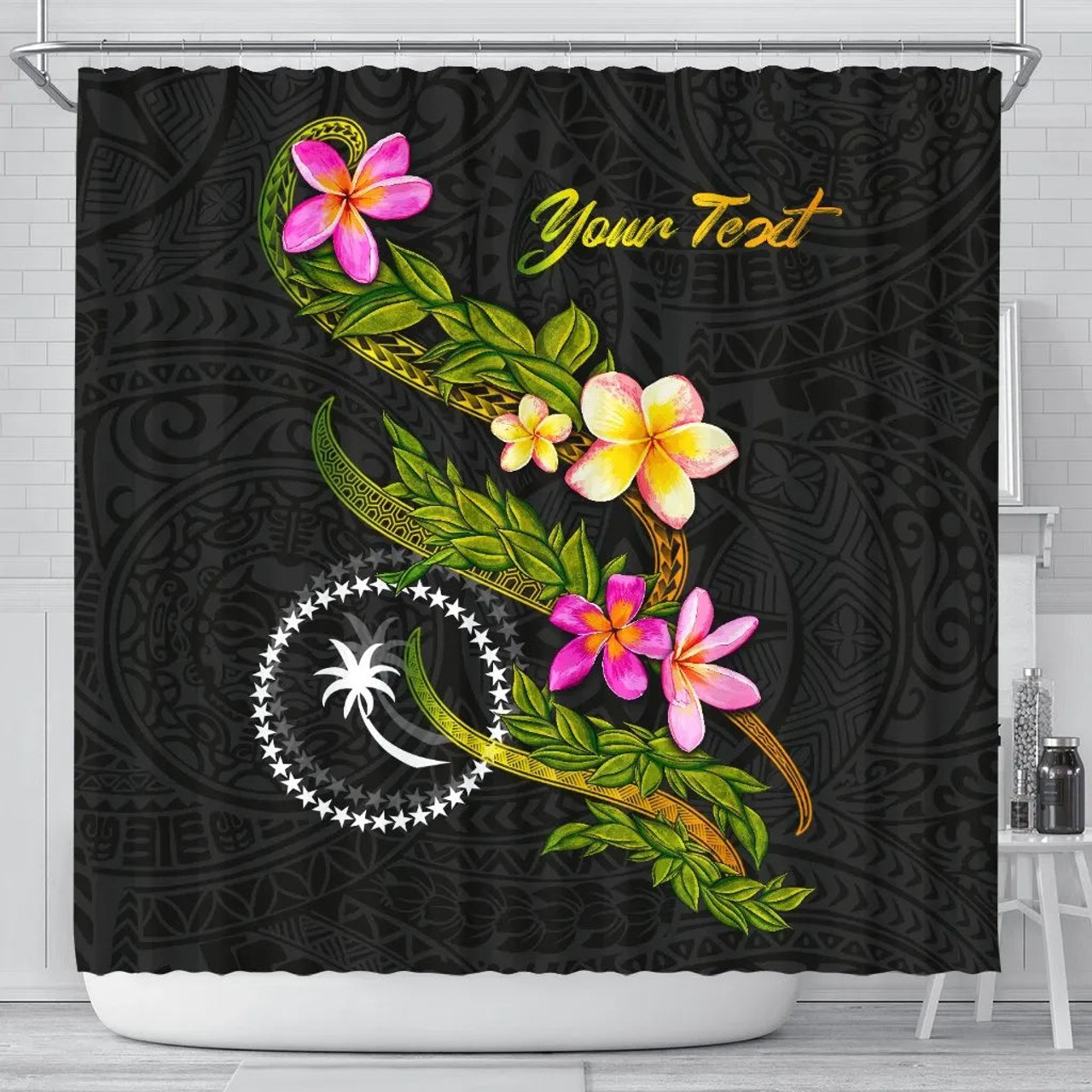 Chuuk Polynesian Custom Personalised Shower Curtain - Plumeria Tribal 1