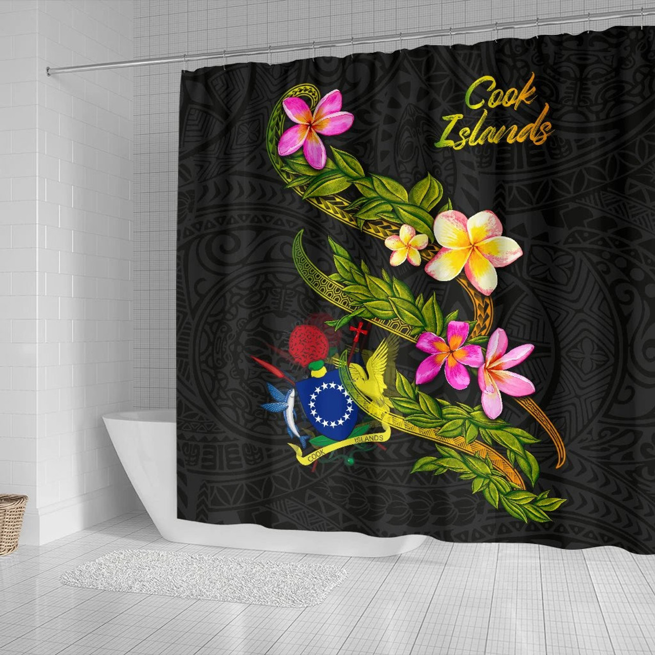 Cook Islands Polynesian Shower Curtain - Plumeria Tribal 2