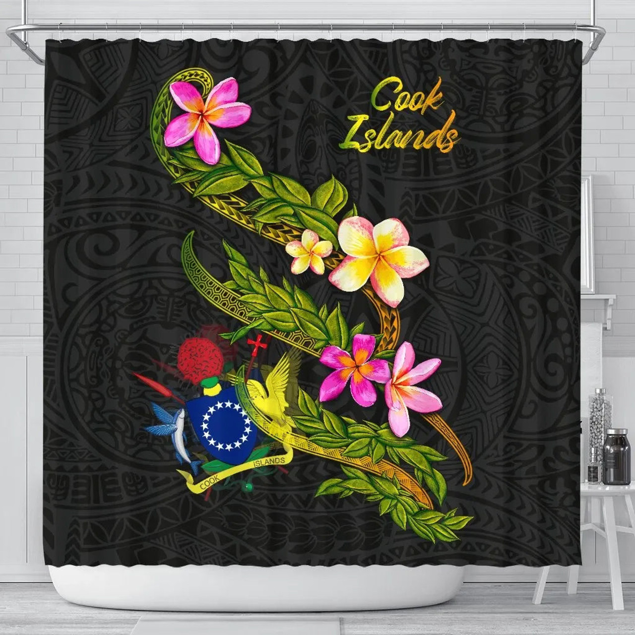 Cook Islands Polynesian Shower Curtain - Plumeria Tribal 1