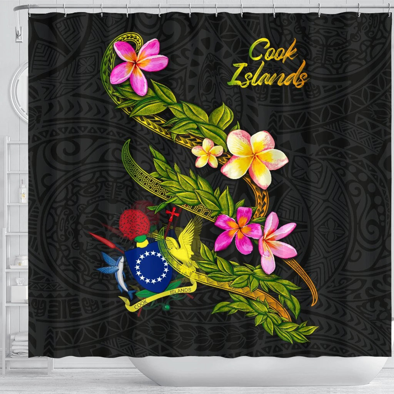 Cook Islands Polynesian Shower Curtain - Plumeria Tribal 3