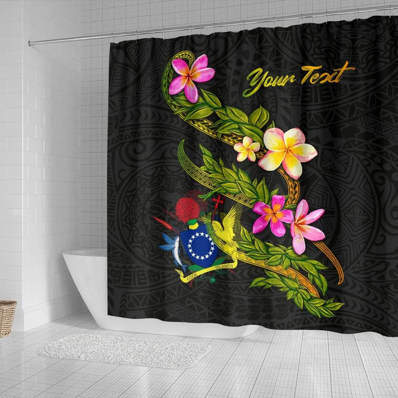 Cook Islands Polynesian Custom Personalised Shower Curtain - Plumeria Tribal 2