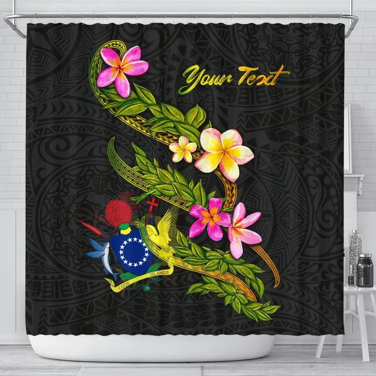 Cook Islands Polynesian Custom Personalised Shower Curtain - Plumeria Tribal 1