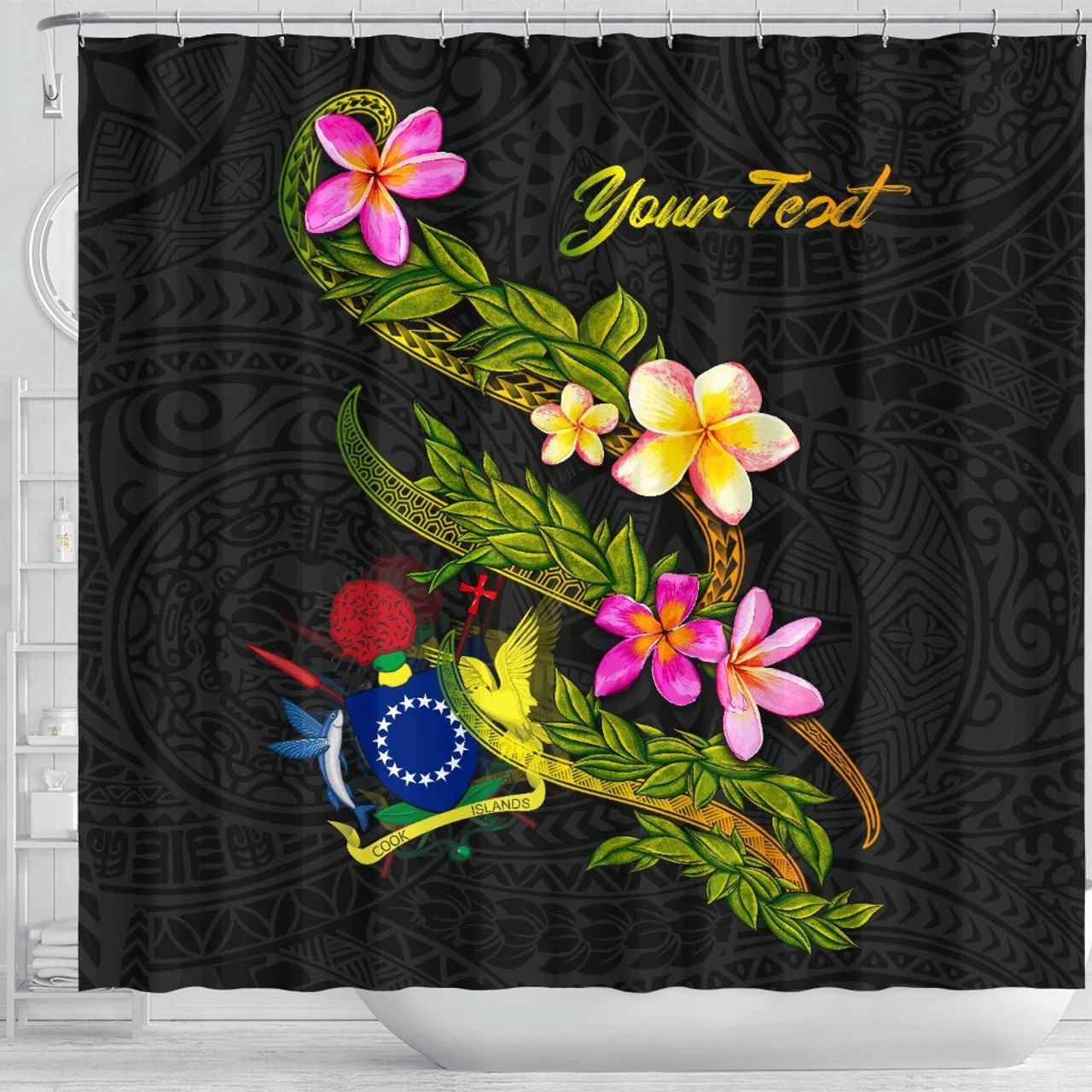 Cook Islands Polynesian Custom Personalised Shower Curtain - Plumeria Tribal 3