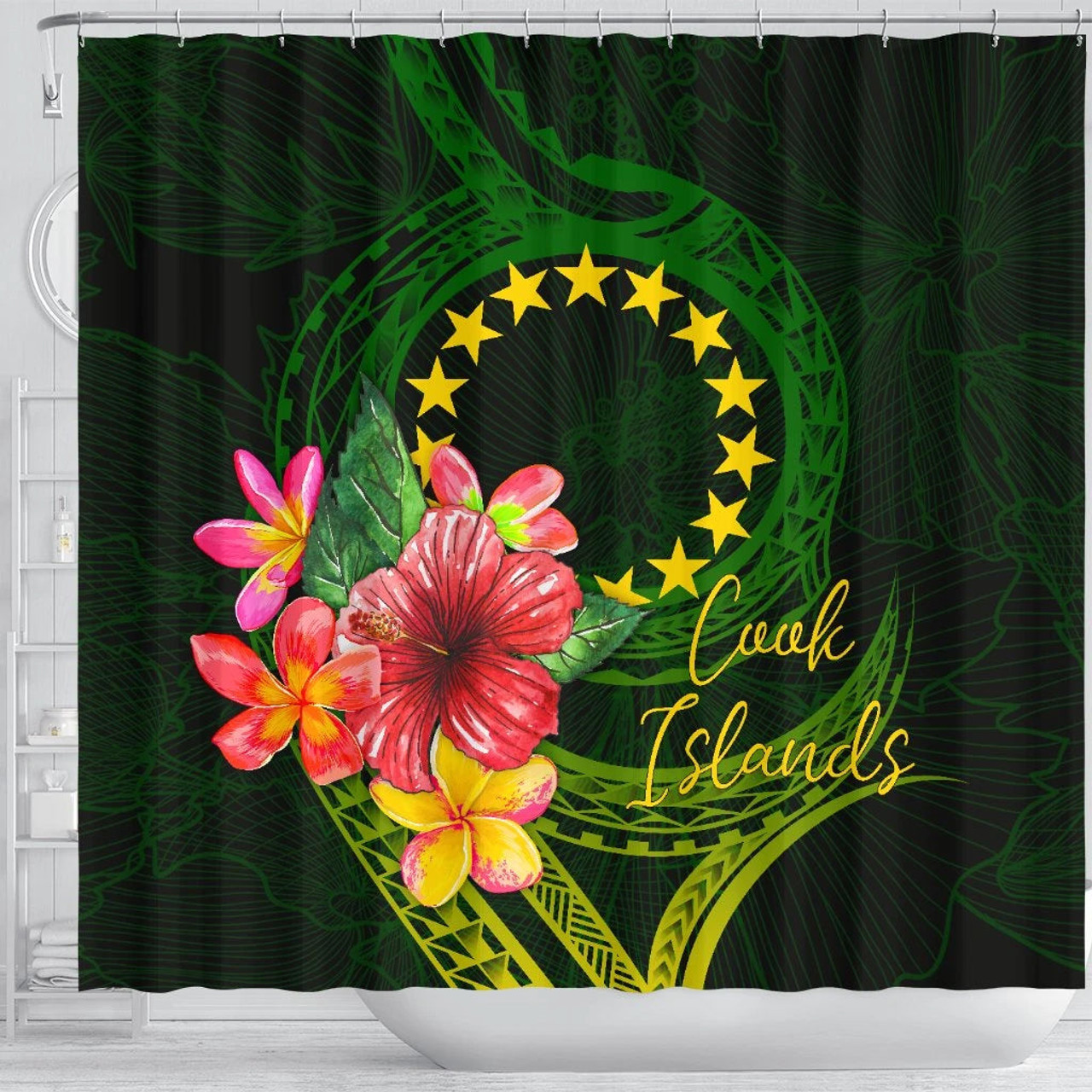 Cook Islands Polynesian Shower Curtain- Floral With Seal Flag Color 3