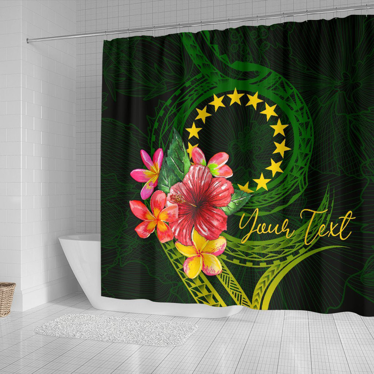 Cook Islands Polynesian Custom Personalised Shower Curtain- Floral With Seal Flag Color 2